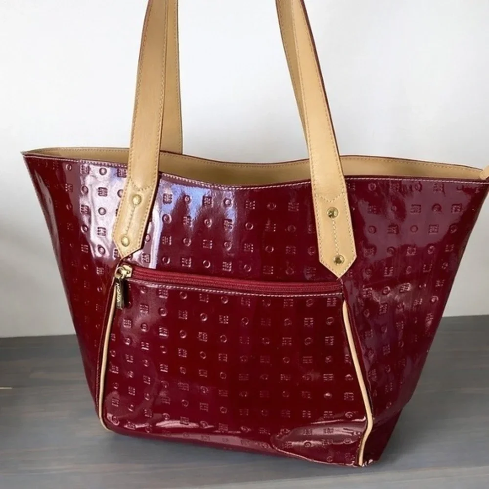 Arcadia Embossed Patent Leather Tote Shoulder Bag LARGE‎ Dark Red Made In Italy